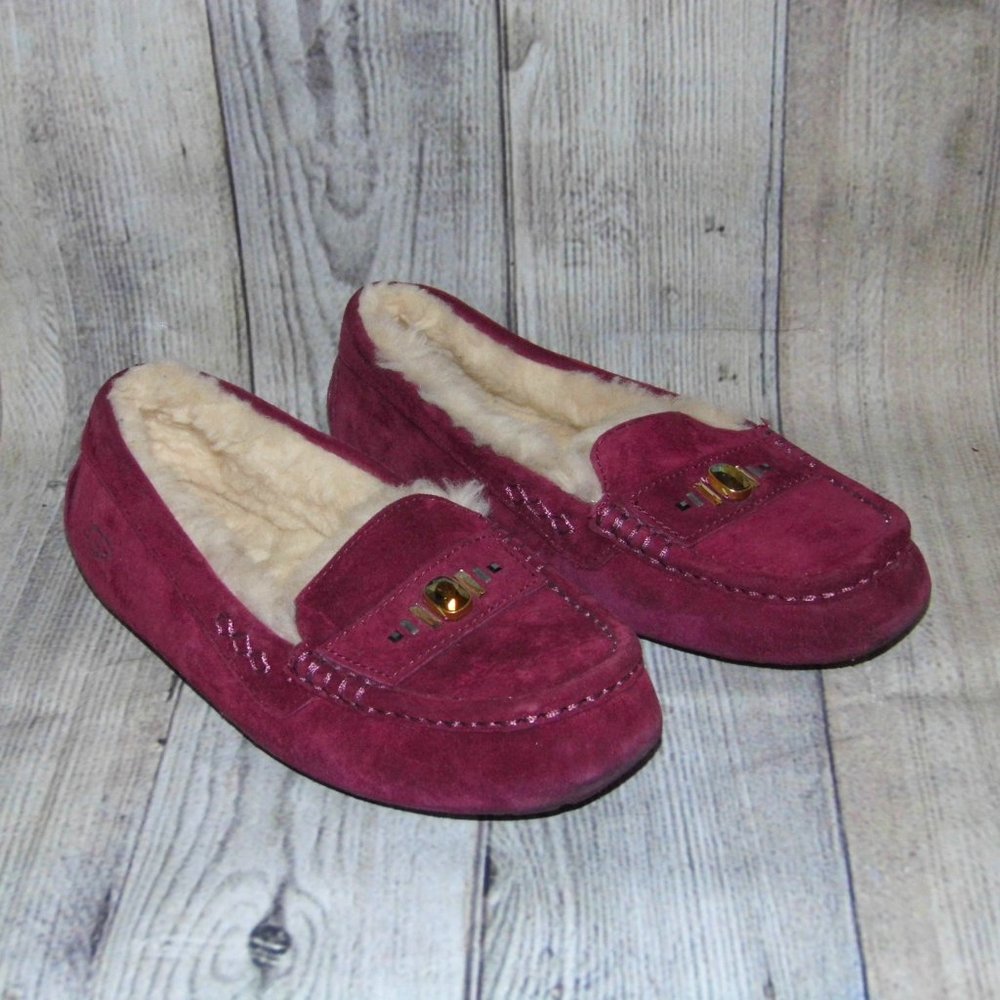 UGG Ansley Chunky Crystals Wine Suede/Sheepskin Slippers Womens Size 7